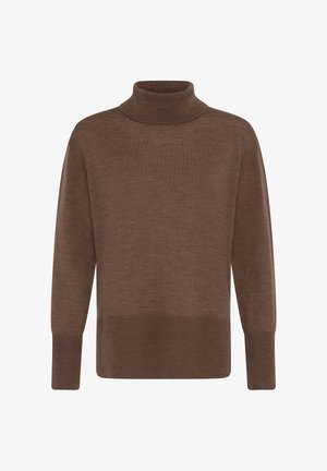 Brūns augsts kakla džemperis, kas izgatavots no mīkstas adītas auduma. Tam ir augsts apkakle, garas piedurknes un taisns malums ar ribota raksta akcentiem.