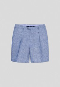 Pantaloni corti blu in misto lino con finitura tessurizzata, dotati di una parte anteriore plissettata, chiusura con un singolo bottone e cintura interna a strisce.