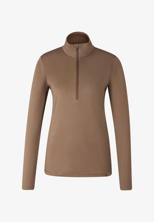 Brauner Langarm-Pullover mit hohem Kragen und Reißverschluss, der bis zur Mitte der Brust reicht, aus glattem Stoff.