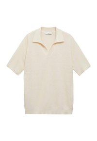Short-sleeve, cream-colored pullover with a v-neck and textured fabric. Features a folded collar and ribbed hem for added detail.