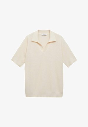 Kurzarmpullover in creme mit V-Ausschnitt und strukturiertem Stoff. Verfügt über einen umgeschlagenen Kragen und einen gerippten Saum für zusätzliche Details.