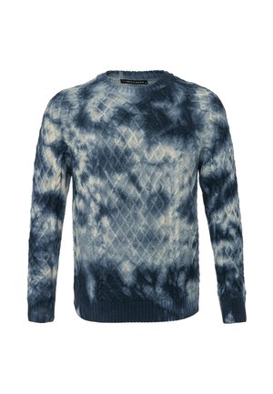 Knit sweater with a round neck, featuring a blue and white tie-dye pattern, textured diamond design, and ribbed cuffs and hem.