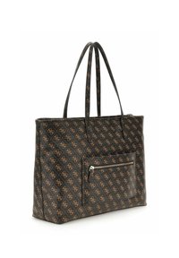 Sac fourre-tout noir avec motif logo marron, bretelles ajustables et poche zippée à l'avant. Matériau synthétique lisse, forme rectangulaire.