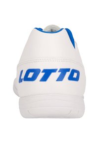 White athletic shoe with blue accents and "LOTTO" logo on the heel. Smooth synthetic leather material, rounded shape, and rubber sole.