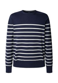 Maglione blu navy con strisce orizzontali bianche, scollatura rotonda, maniche lunghe, polsini e orlo a coste, realizzato in un morbido materiale a maglia.