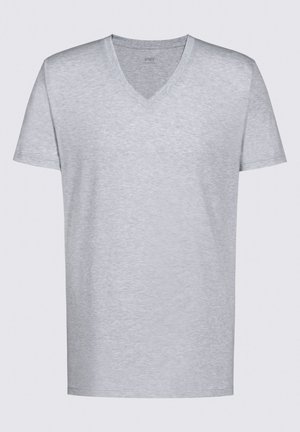 Jasnoszary t-shirt z dekoltem w serek, wykonany z miękkiego materiału. Krótkie rękawy, standardowy krój, delikatna tekstura melanżowa, bez widocznych wzorów czy grafik.