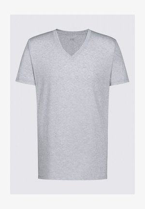 Jasnoszary t-shirt z dekoltem w serek, wykonany z miękkiego materiału. Krótkie rękawy, standardowy krój, delikatna tekstura melanżowa, bez widocznych wzorów czy grafik.