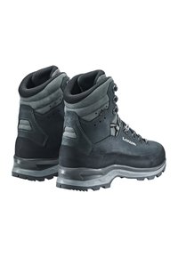Graue Lederwanderschuhe mit verstärkter Zehenkappe, strukturiertem Kragen, Metallösen und robusten Sohlen bieten Stabilität und Grip.