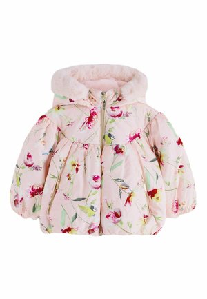 Lyserød blomsterprikket toddler-dunjakke med frontlynlås, to lynlåslommer og en blød, fluffet hætteforing.