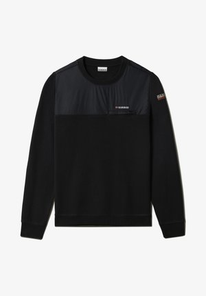 Musta pitkähihainen pyöreäkauluksinen collegepaita, jossa on pehmustettu ylärinnan paneeli, pieni Napapijri-logoplässi rinnassa ja logoplässi vasemmassa hihassa.