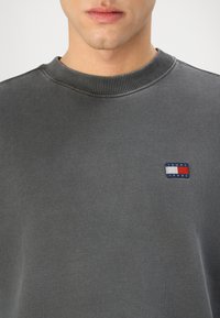 Felpa grigia con scollo rotondo, realizzata in materiale morbido. Presenta un piccolo logo blu, rosso e bianco sull'area sinistra del petto.