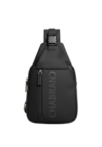 Sac bandoulière noir à finition mate. Comprend une poche zippée avant, une sangle réglable et un marquage en relief sur le côté. Design compact.