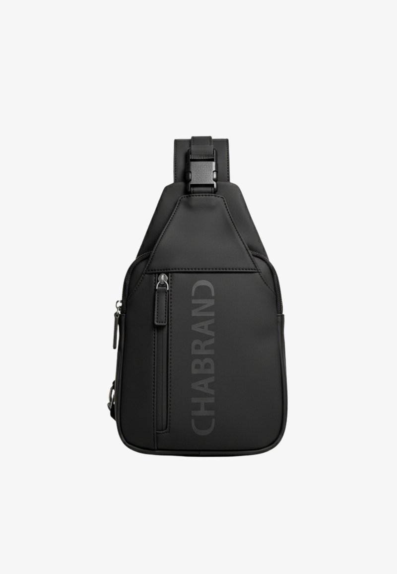 Sac bandoulière noir à finition mate. Comprend une poche zippée avant, une sangle réglable et un marquage en relief sur le côté. Design compact.