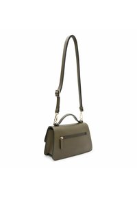 Olivenfarbene Handtasche mit strukturiertem Design, Oberhandgriff und verstellbarem Schulterriemen. Verfügt über eine Fronttasche mit Reißverschluss und goldfarbene Hardware.