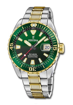 Montre de plongée Festina avec cadran vert, bracelet métallique bi-colore or et argent, affichage de la date indiquant le 20, aiguilles luminescentes, et lunette rotative.