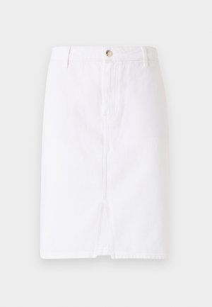 White denim skirt featuring a front slit, a waistband with belt loops, a front button closure, and two side pockets.
