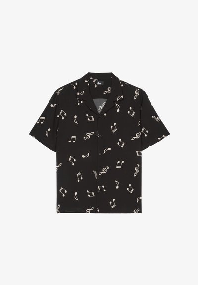 Korte mouwen, knoopsluiting shirt van zwarte stof met een wit muzikaal notenpatroon, met een camp collar en een relaxte pasvorm.