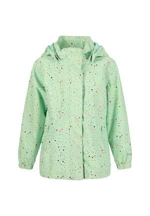 Mintgrüne Regenjacke mit Kapuze, buntem Sprenkelmuster, Reißverschluss und elastischen Bündchen sowie zwei Seitentaschen.