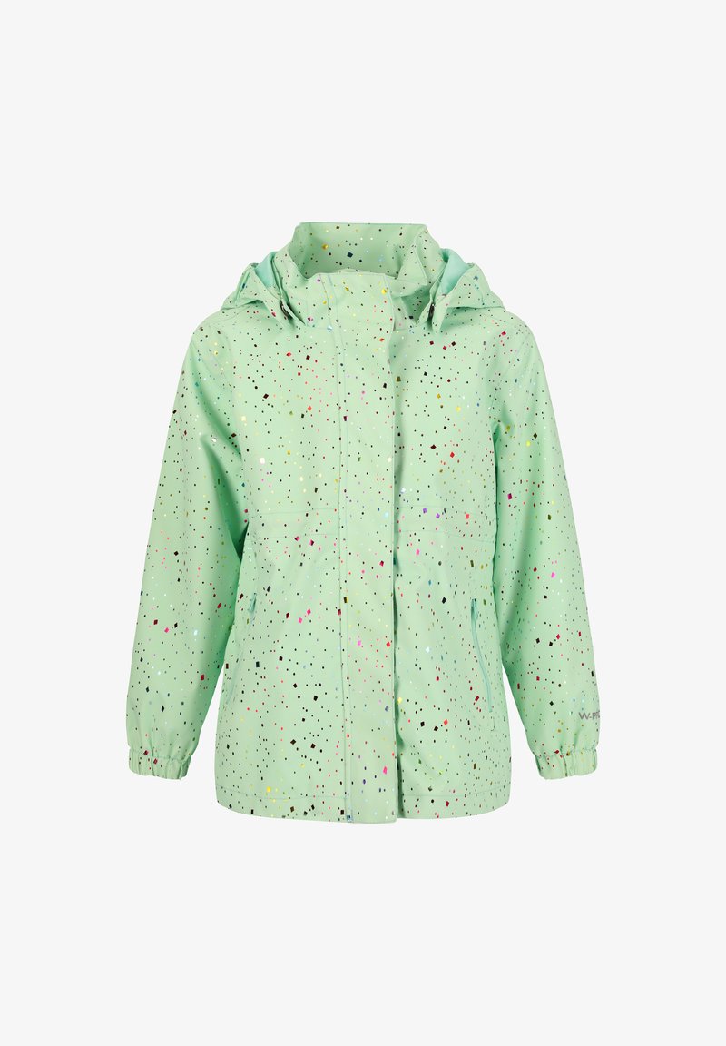 Mintgrøn regnjakke med hætte, farverigt prikket mønster, lynlås lukning og elastiske manchetter samt to sidelommer.