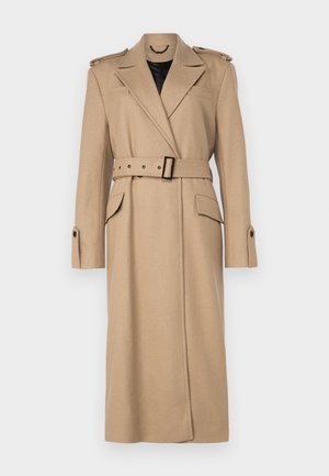Beiger langer Wollmantel mit weitem Revers, taillierter Gürtelschließe, Seitentaschen und Schulterklappen. Glatte Textur, strukturiertes Design.