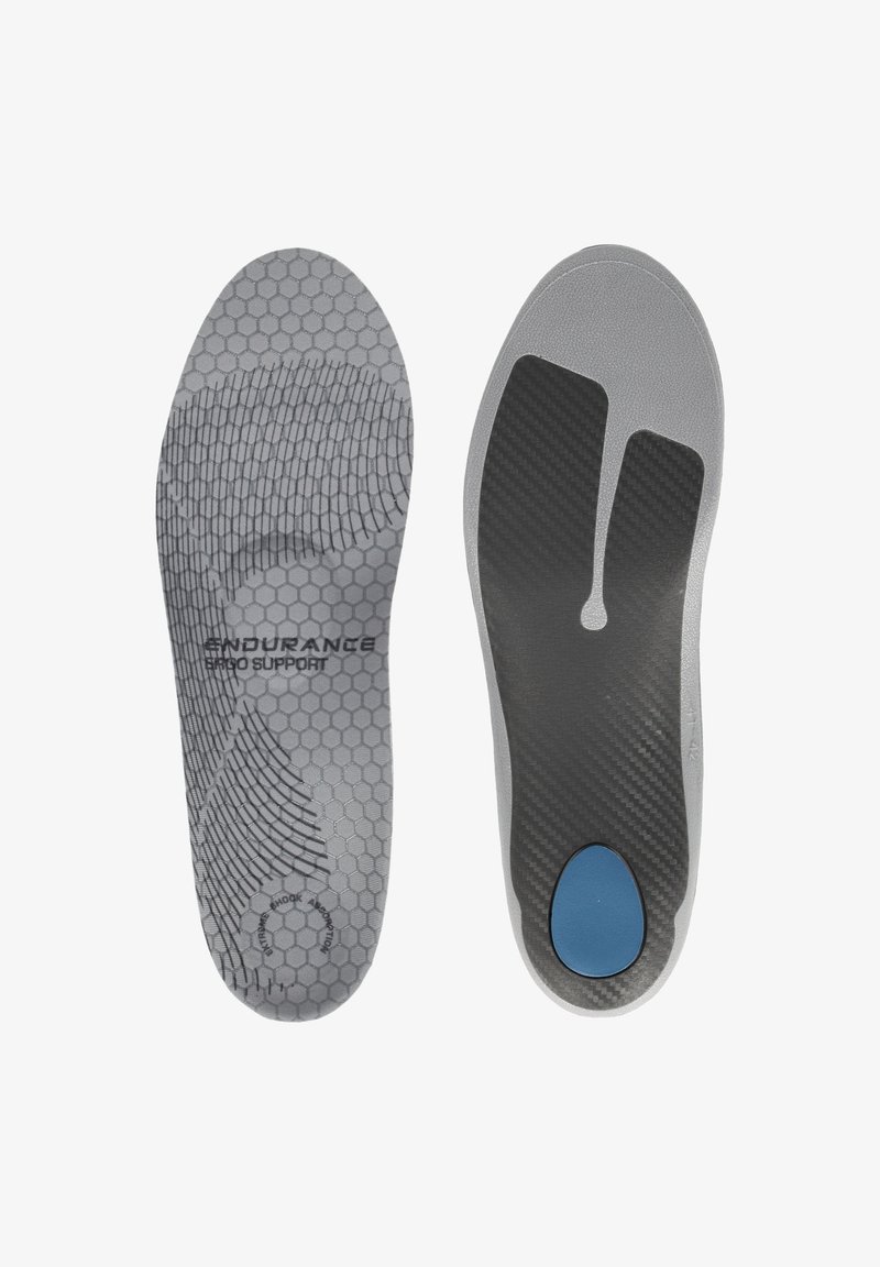 Harmaat ergonomiset pohjalliset, joissa on hunajakenno-tekstuuri, ja joissa on kantapääkupoli sekä sininen korostus alapuolella iskuvaimennusta varten.