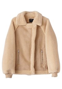 Beżowa polarowa kurtka o miękkiej teksturze, z zamykanymi kieszeniami bocznymi, ściągaczami przy mankietach oraz kołnierzem z zakładką.