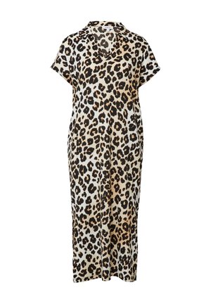 Luźna sukienka midi z krótkim rękawem w panterkę, z dekoltem w serek i kołnierzykiem w beżowych, czarnych i brązowych odcieniach.