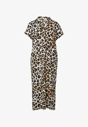Lockeres Midikleid mit kurzen Ärmeln und Leopardenmuster, V-Ausschnitt und Kragen in Beige-, Schwarz- und Brauntönen.