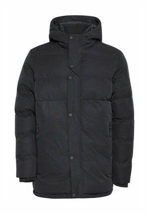 Svart puffjacka med dragkedja och tryckknappsstängning, huva och två sidofickor. Slät ytstruktur med ett subtilt mönster.