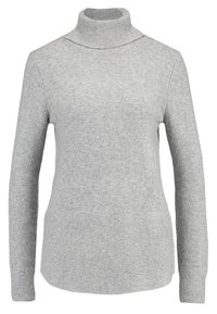 Grauer Rollkragenpullover aus weichem Strickstoff. Mit langen Ärmeln, geripptem Kragen und Saum. Glatte Textur, schlichtes Design.