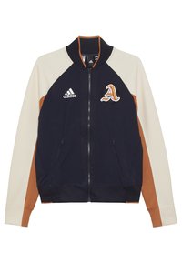 Navy and cream jacket with orange accents, featuring a zip closure, ribbed collar, and embroidered logo. Made of soft fabric with side pockets.