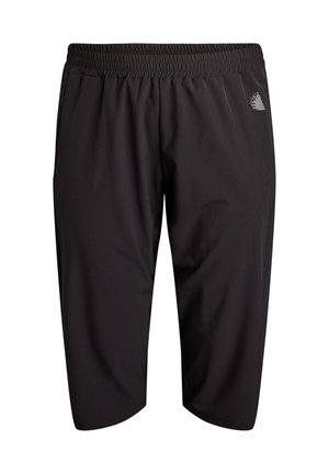 Mustad põlvepikad sportlikud lühikesed püksid elastse vöörihma ja väikese valge logoga paremal ülajoonel.