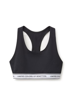 Czarny sportowy biustonosz typu racerback z białą elastyczną opaską z logo United Colors of Benetton w czarnym tekście.