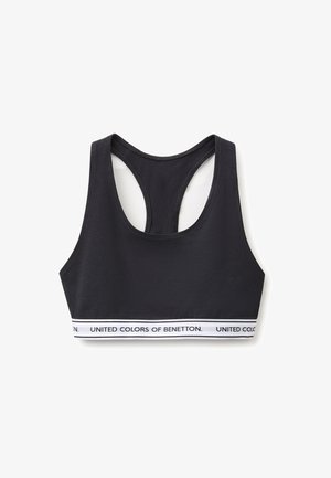 Schwarzer Racerback-Sport-BH mit weißem elastischem Bund und United Colors of Benetton Logo in schwarzem Text.