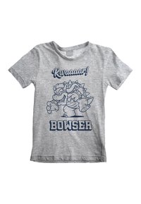 Gray cotton t-shirt featuring a blue graphic of a character with horns and spikes, text reading "Rwaaaaar!" and "BOWSER" below.