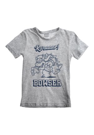 Grijze katoenen t-shirt met een blauwe afbeelding van een personage met hoorns en uitsteeksels, met de tekst "Rwaaaaar!" en "BOWSER" eronder.
