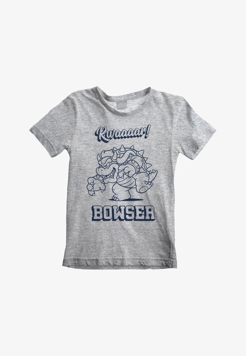 Camiseta gris de algodón que presenta un gráfico azul de un personaje con cuernos y espinas, con el texto "¡Rwaaaaar!" y "BOWSER" debajo.