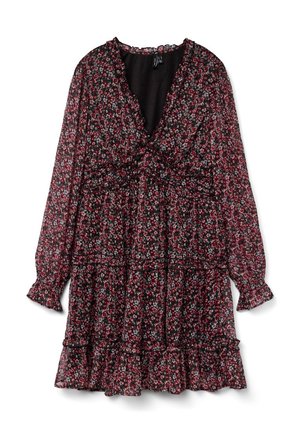 Φόρεμα με μακριά μανίκια και λουλούδια σε κόκκινο, ροζ και άσπρο πάνω σε μαύρο φόντο, με V-λαιμόκοψη, μανσέτες με βολάν, εφαρμοστή μέση και στρωτό στρίφωμα με βολάν.