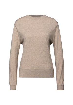 Beige pitkähihaisen neulepuseron, joka on tehty pehmeästä neuloksesta. Siinä on pyöreä pääntie, resorit hihansuissa ja vartalonmyötäinen vyötärö. Yksinkertainen, teksturoitu pinta.