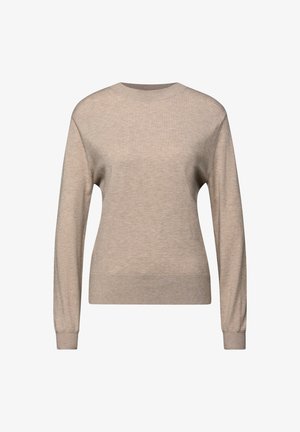 Beige pitkähihaisen neulepuseron, joka on tehty pehmeästä neuloksesta. Siinä on pyöreä pääntie, resorit hihansuissa ja vartalonmyötäinen vyötärö. Yksinkertainen, teksturoitu pinta.