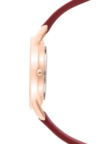 Roségoldene Uhr mit einem glatten Metallgehäuse, runder Form und einem burgunderfarbenen Silikonarmband. Hat eine kleine Krone an der Seite.