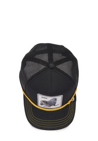 Black cap with a mesh back, featuring a colorful seal graphic patch and yellow accent stitching around the brim.