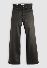 Pantalon en cuir noir taille haute à jambes larges, avec poches avant, passants de ceinture, bouton et fermeture éclair.