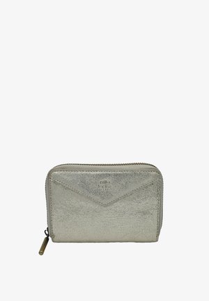 Portefeuille en cuir texturé argenté avec fermeture éclair, détail de rabat avant et petit logo embossé "mila louise paris".