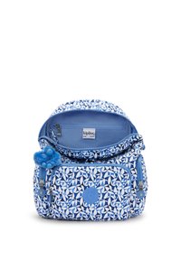Blue patterned Kipling backpack with a textured surface, zippered compartments, and a fluffy blue monkey keychain attached.