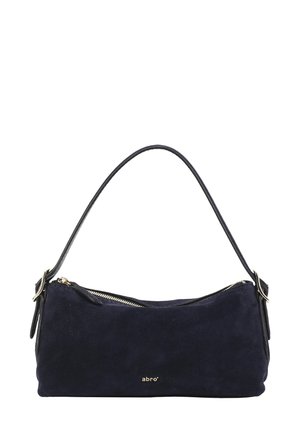 Navy suede shoulder bag with a black leather strap and zip closure, featuring gold hardware and a slim design. Brand logo visible.
