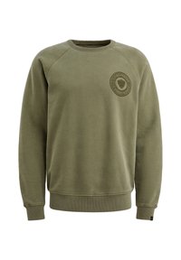 Olive green sweatshirt in soft cotton blend, featuring a round neck, ribbed cuffs, and embossed logo detail on the chest.