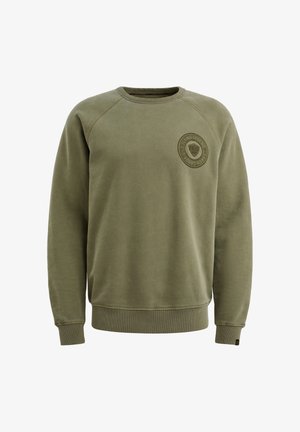 Felpa verde oliva in morbida miscela di cotone, con colletto tondo, polsini a costine e dettaglio logo in rilievo sul petto.