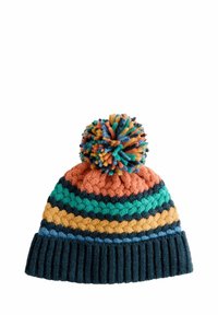Strickmütze mit mehrfarbigen Streifen in Orange, Teal, Gelb und Blau. Mit einer strukturierten Bommel oben und einem gerippten dunklen Rand.