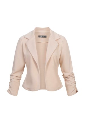Helles rosa Blazer mit tailliertem Schnitt, Reverskragen und gerafften langen Ärmeln, aus einem glatten, leicht strukturierten Stoff gefertigt.